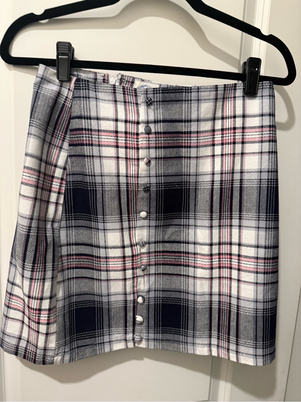Blue Rain Navy, White & Pink Plaid Button-Front Mini Skirt